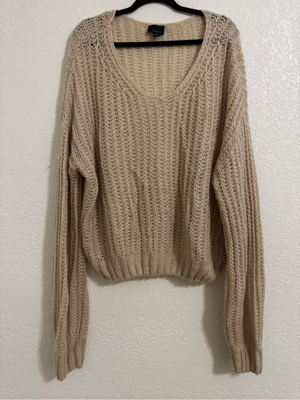 #18 Women's Cozy Oversized Open-Knit V-Neck Sweater in Beige